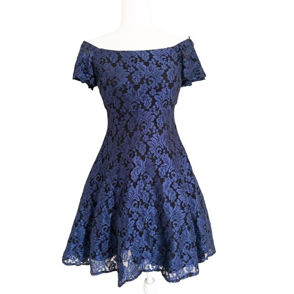 Vintage 2000s Off-Shoulder Blue & Black Glitter Lace Lined Dress S Prom - Picture 1 of 14